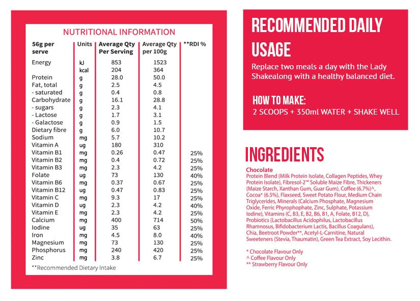 The Lady Shake Meal Replacement Shake nutrition information and ingredients