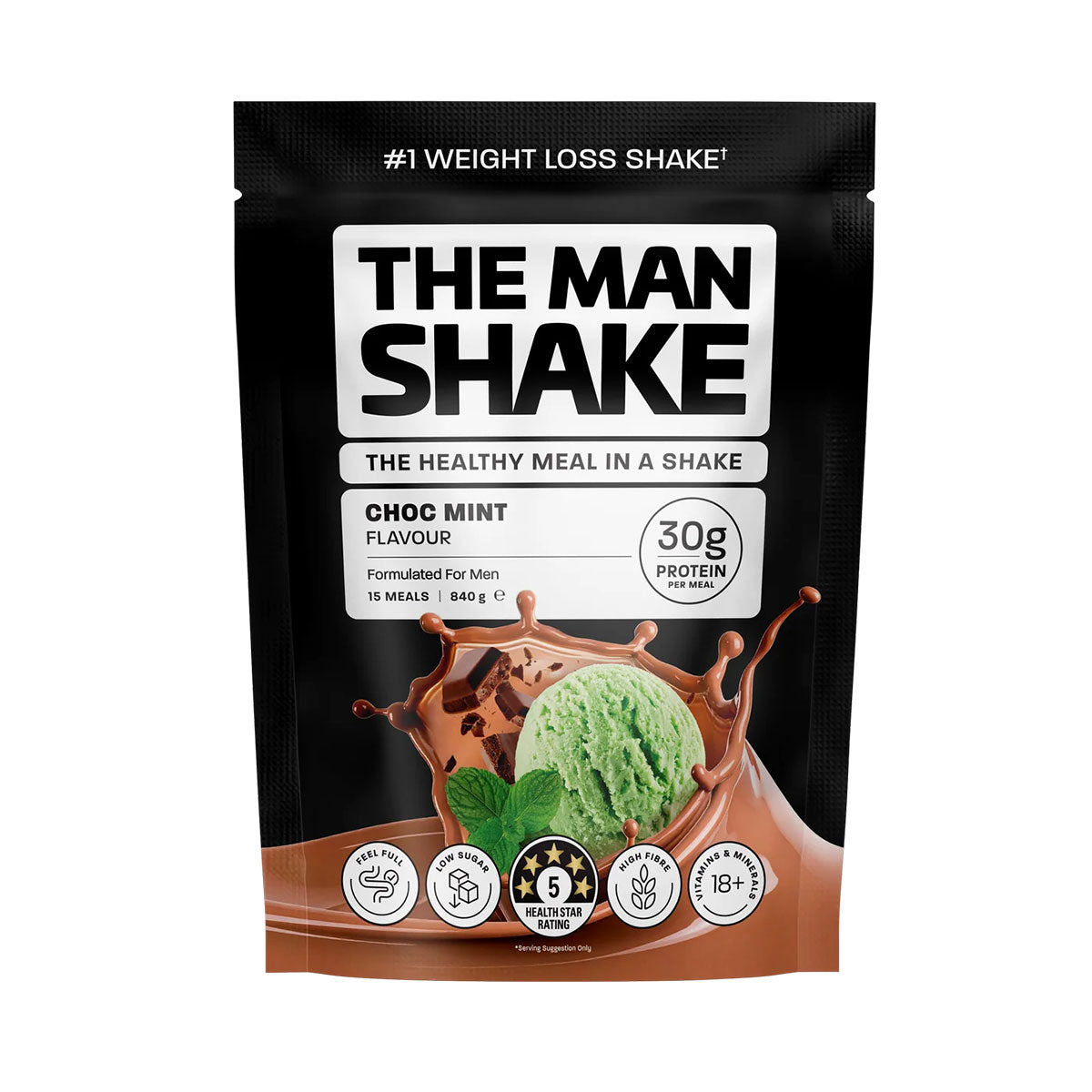 The Man Shake formulated meal replacement 15 meals 840g choc mint flavour