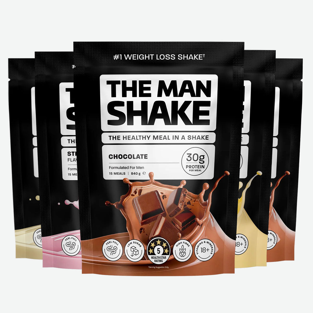 The Man Shake formulated meal replacement 15 meals 840g 5 flavours