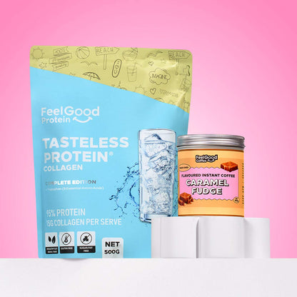 Tasteless Protein with Caramel fudge flavoured instant coffee in a Morning Ritual bundle