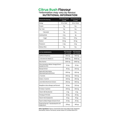 The Smart Sups Unhinge Preworkout Caffeinated Beverage Nutritional information and ingredients citrus rush flavour