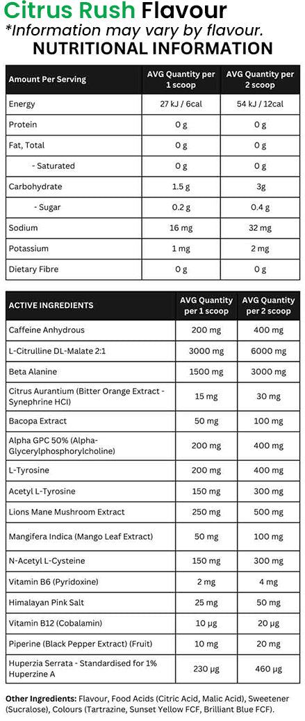 The Smart Sups Unhinge Preworkout Caffeinated Beverage Nutritional information and ingredients citrus rush flavour