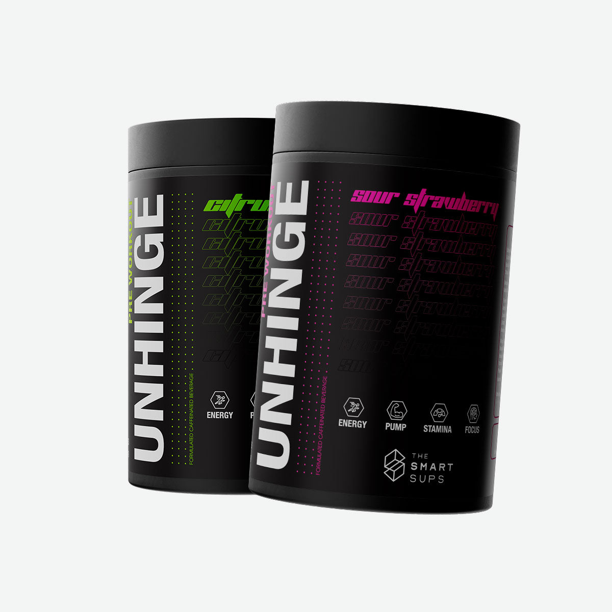 The Smart Sups Unhinge Preworkout Caffeinated Beverage Sour Strawberry Flavour and Citrus Flavour - Hero