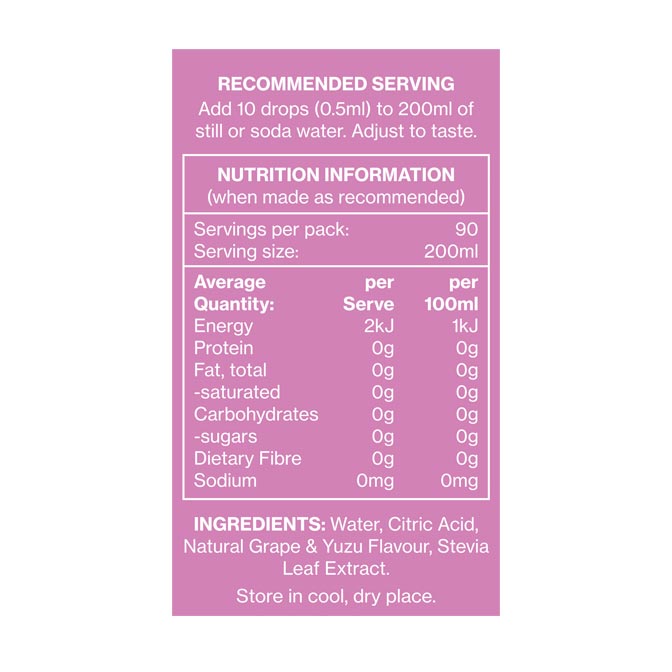 Vital Zing Grape Yuzu Water Drops Flavour Enhancer 45ml Nutrition Information and Ingredients