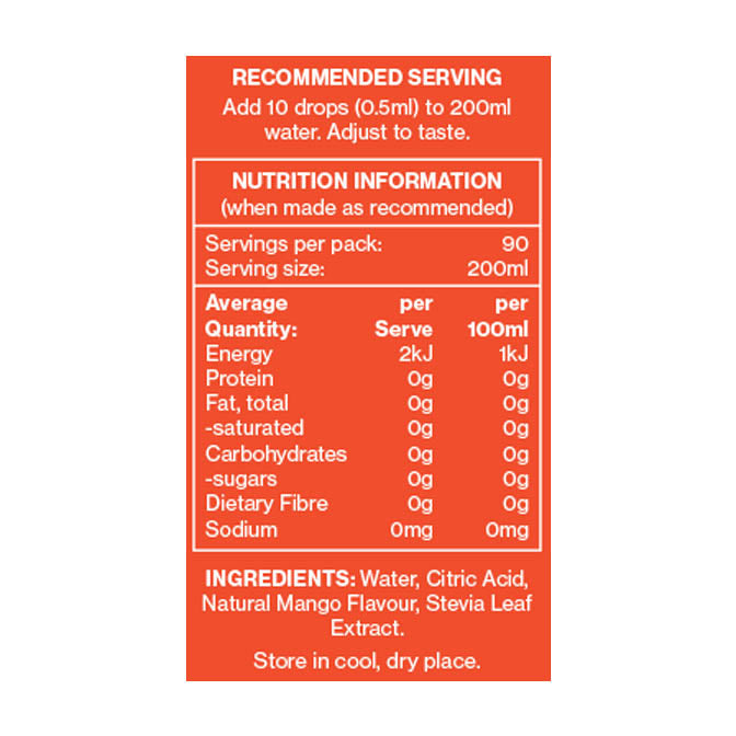 Vital Zing Mango Water Drops Flavour Enhancer 45ml Nutrition Information and Ingredients