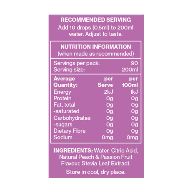 Vital Zing Peach and Passionfruit Water Drops Flavour Enhancer 45ml Nutrition Information and Ingredients