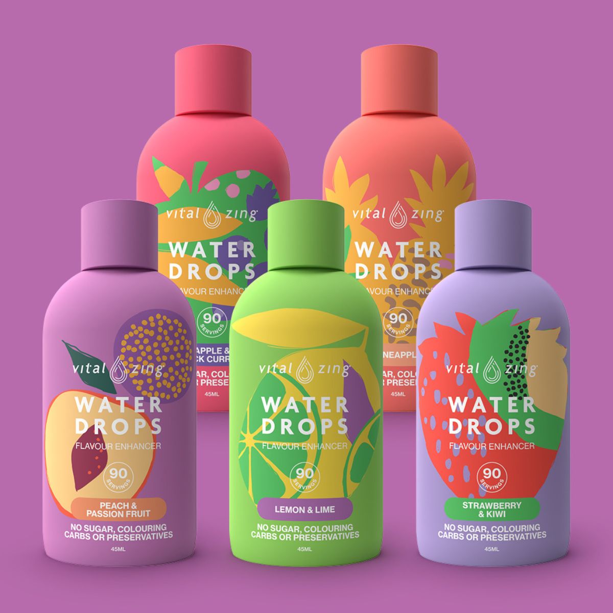 5 Water Drop flavours by Vital Zing 40ml on a purple background