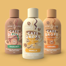 Vital Zing Cafe Drops 3 flavours on a yellowish orangey background