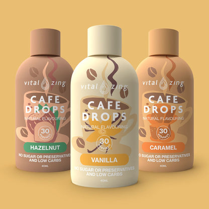 Vital Zing Cafe Drops 3 flavours on a yellowish orangey background