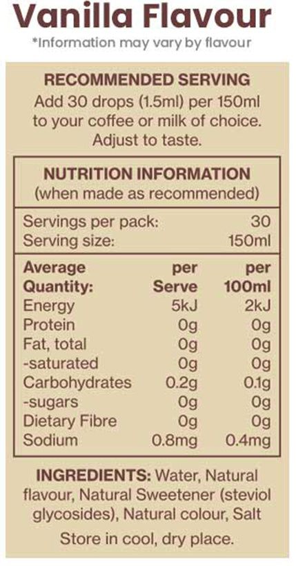 Vital Zing Cafe Drops Vanilla Flavour Nutrition Information