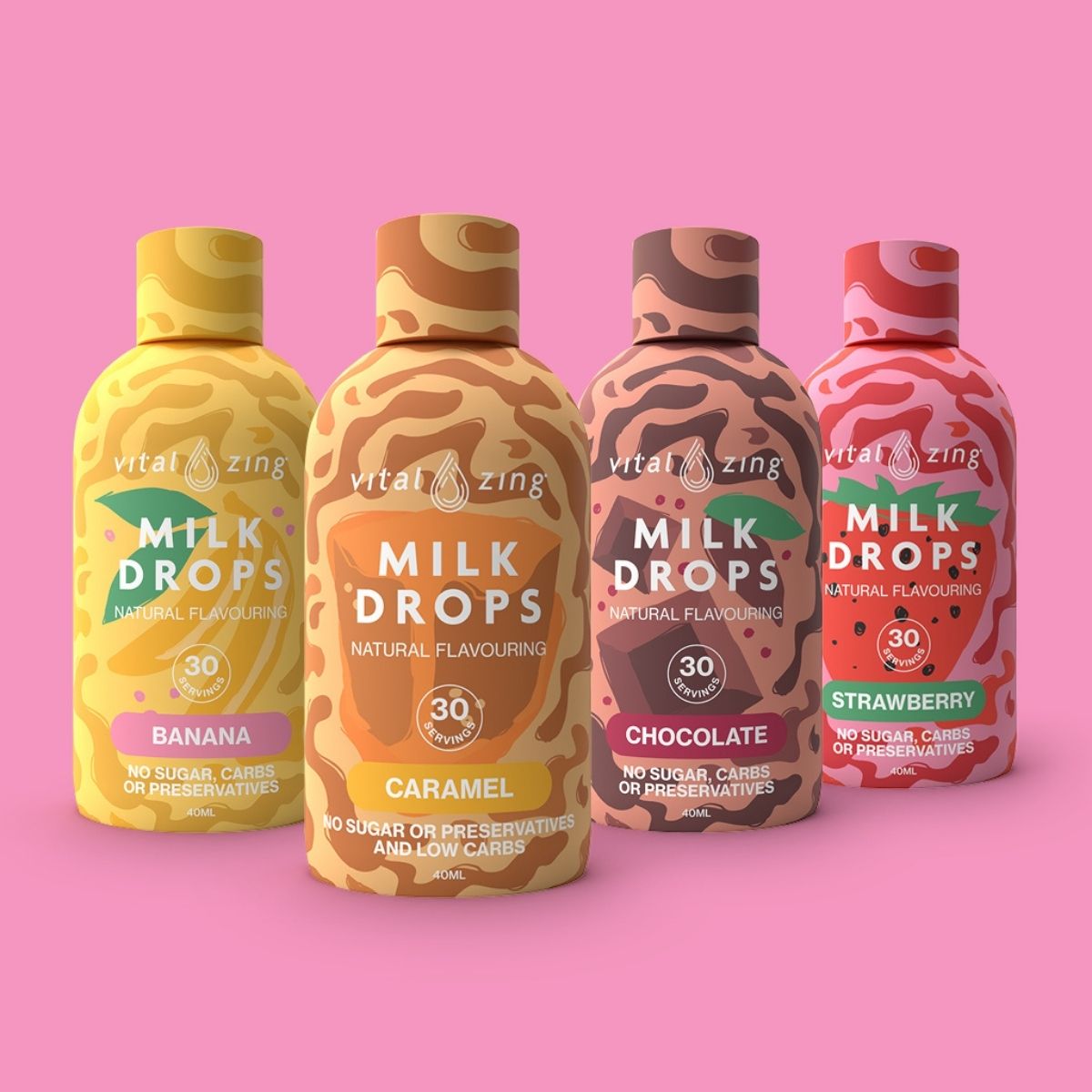 Milk drops by Vital Zing assorted bundle of 4 on a pink background