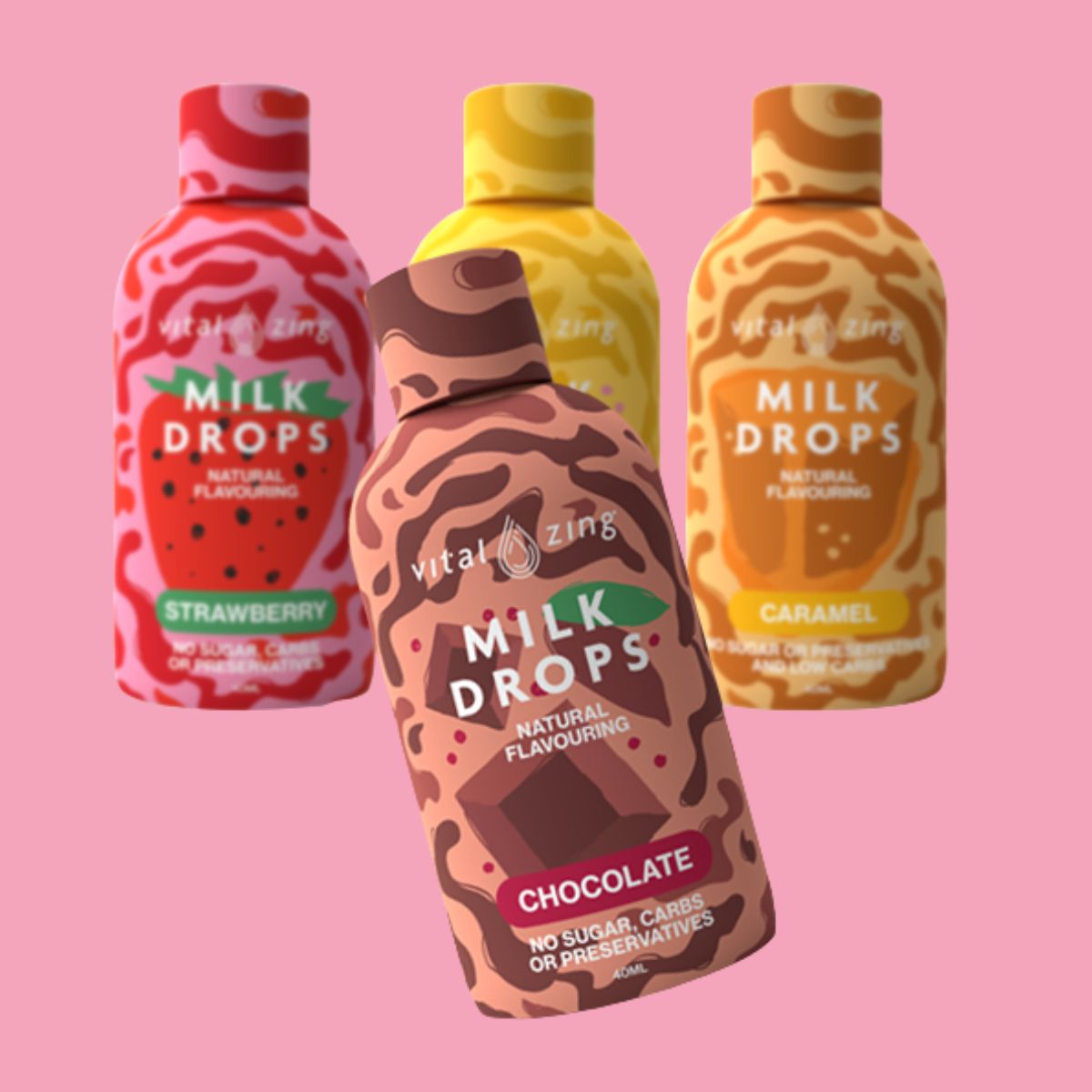 Milk Drops by Vital Zing chocolate flavour in foreground
