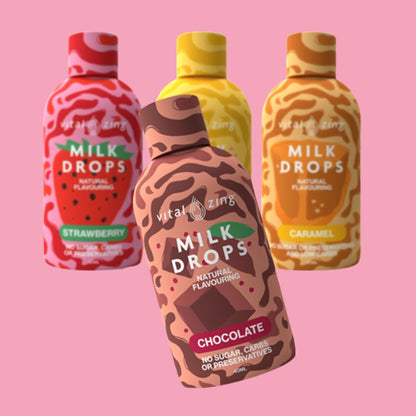 Milk Drops by Vital Zing chocolate flavour in foreground