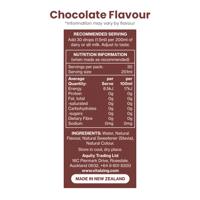 Vital Zing Milk Drops Chocolate Flavour Nutrition Information and Ingredients