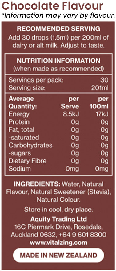Vital Zing Milk Drops Chocolate Flavour Nutrition Information and Ingredients