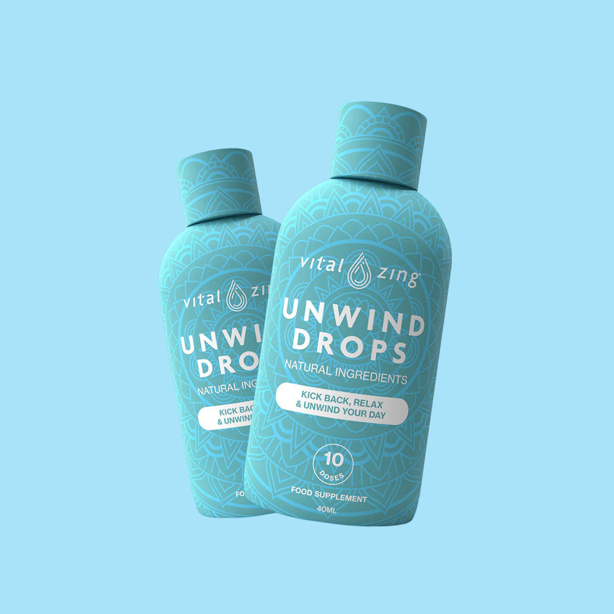 Vital Zing Unwind Drops 40ml on a blue background