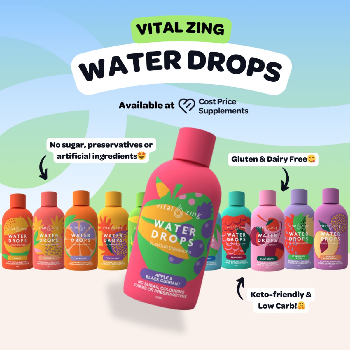 Water Drops by Vital Zing available at Cost Price Supplements callouts around vital zing bottle