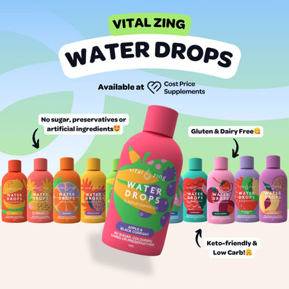 Water Drops by Vital Zing available at Cost Price Supplements callouts around vital zing bottle