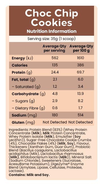 Whey Protein by Feel Good Protein Choc Chip Cookie NIP Nutrition Information Panel