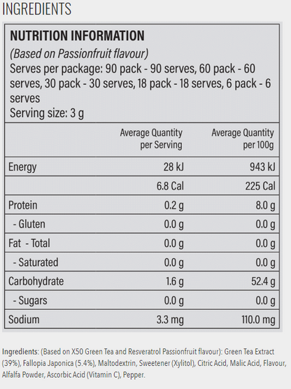 X50 Green Tea with Resveratrol Passionfruit Flavour Nutrition Information and Ingredients