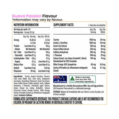 X50 Showtime Thermoshred Guava Passion Flavour Nutrition Information and Ingredients
