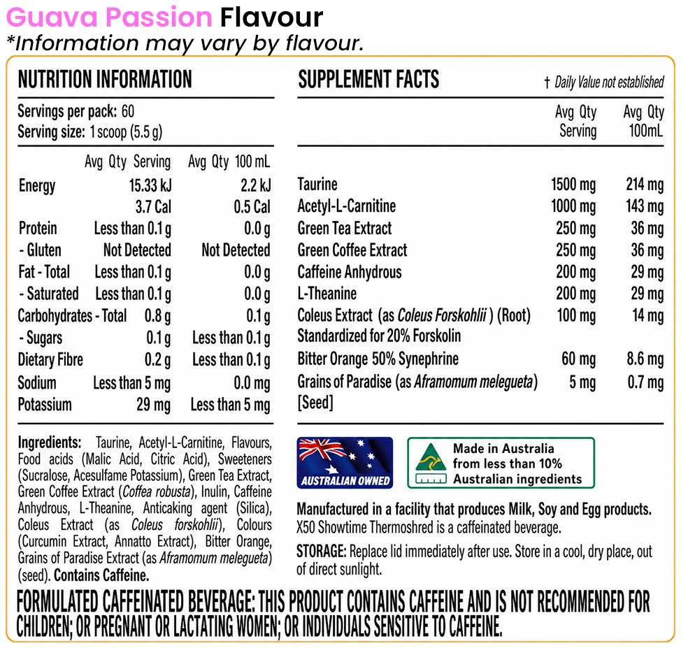 X50 Showtime Thermoshred Guava Passion Flavour Nutrition Information and Ingredients