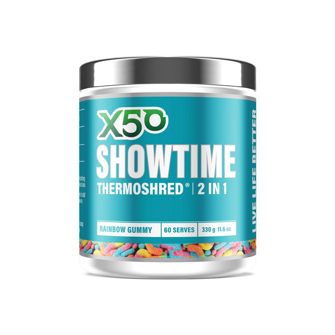 X50 Showtime Thermoshred 60 Serves 330g Rainbow Gummy Flavour