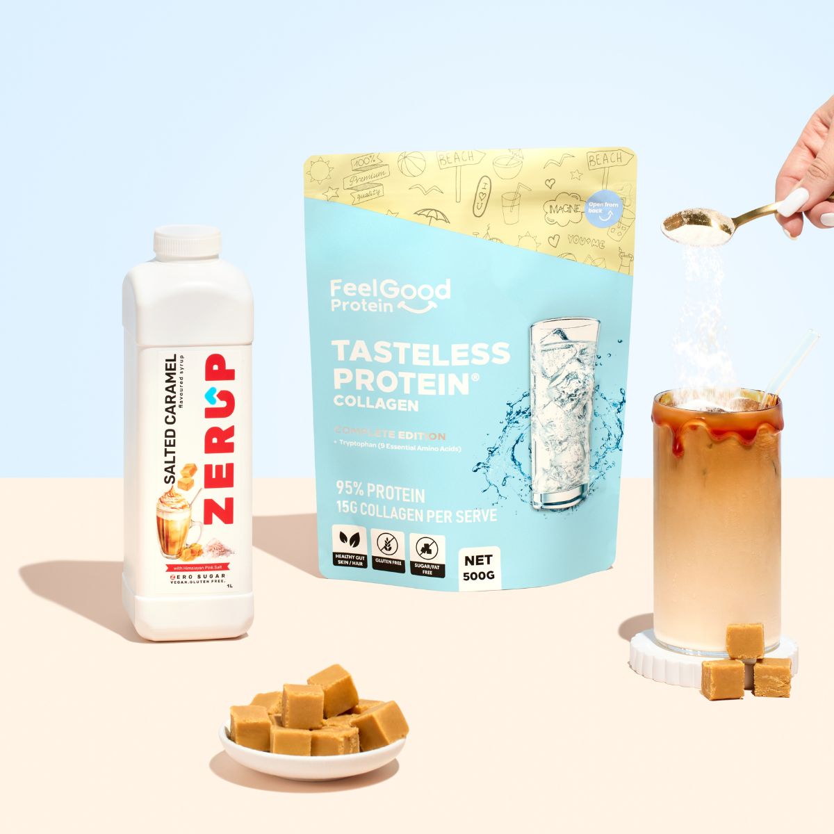 Zerup Salted Caramel Sugar Free Syrup next to Tasteless Protein