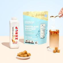 Zerup Salted Caramel Sugar Free Syrup next to Tasteless Protein