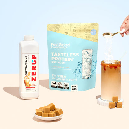 Zerup Salted Caramel Sugar Free Syrup next to Tasteless Protein