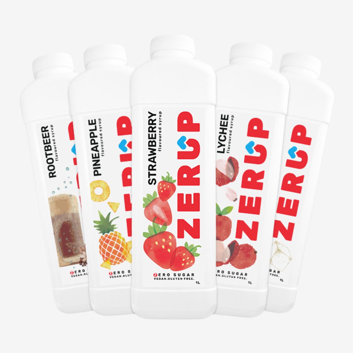 Zerup Sugar Free Syrup 5 flavours group shot on a grey background