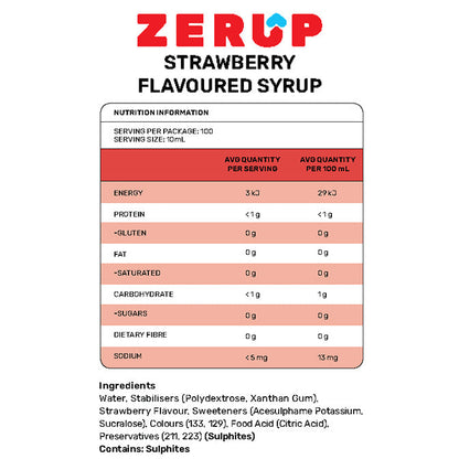Zerup Zero Sugar Free Syrup Strawberry Flavour Nutrition Information and Ingredients