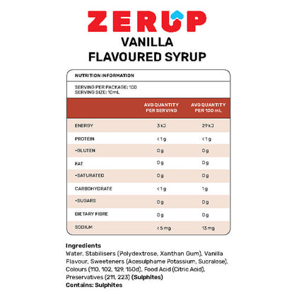 Zerup Zero Sugar Free Coffee Syrup Vanilla Nutrition Information