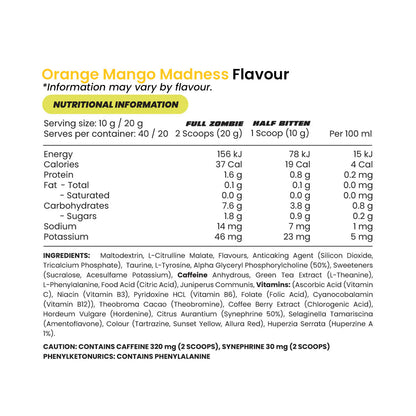 Infected Pre-Workout by Zombie Labs 40 Serves nutrition information and ingredients