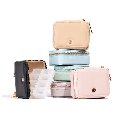 Vegan leather pill case with detachable, plastic pill container available in multiple colours.