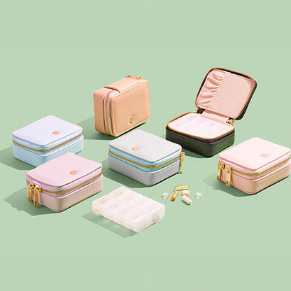 Vegan leather pill case with detachable, plastic pill container available in multiple colours.